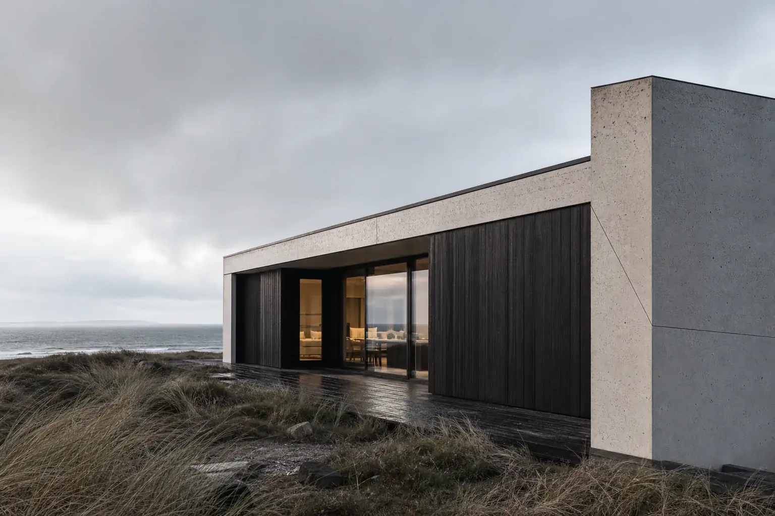 Ruhiges Küstenhaus aus hellem Beton und dunklem Holz