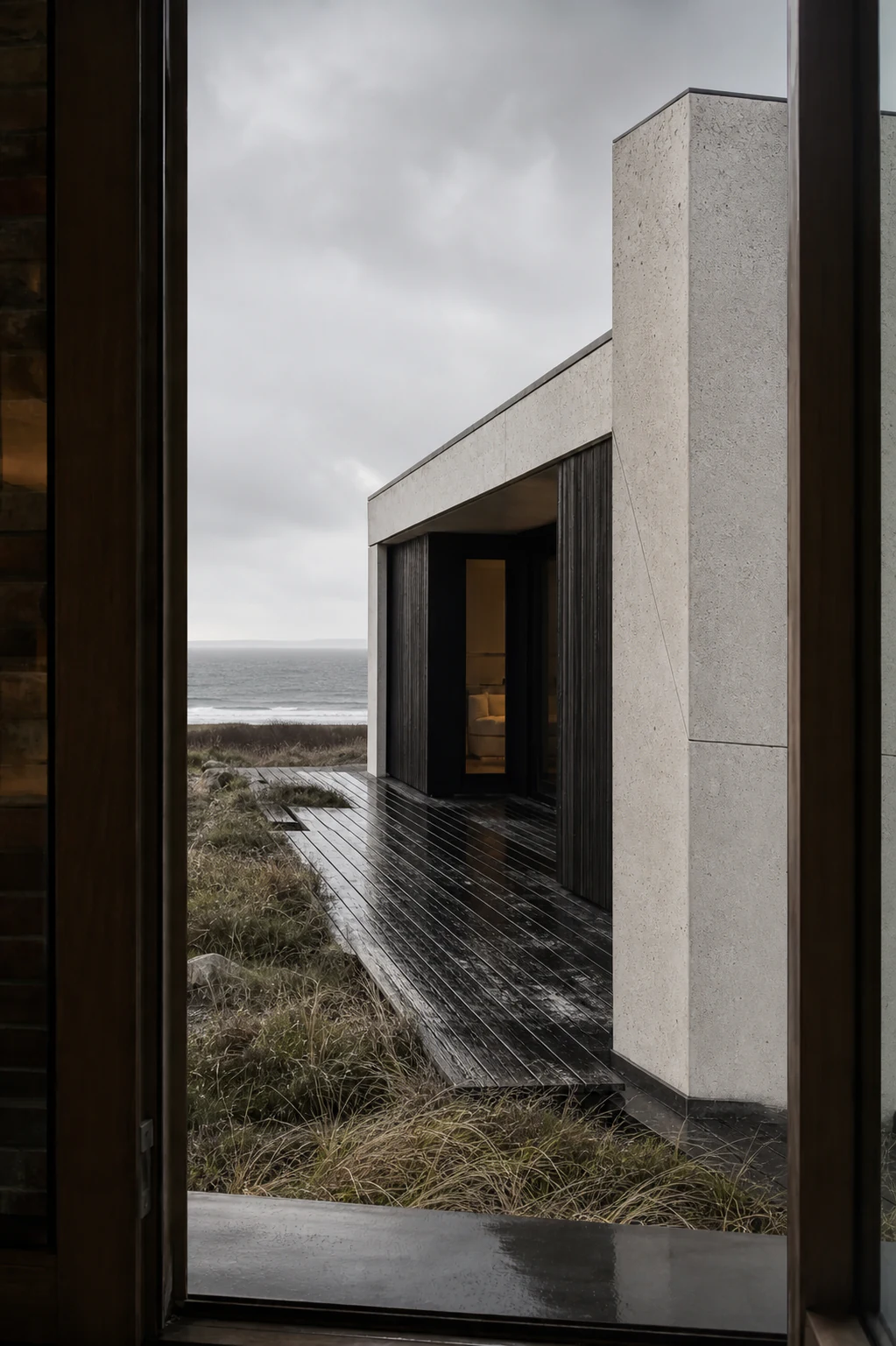 Rückblick auf das Küstenhaus mit Dünen und offenem Meer