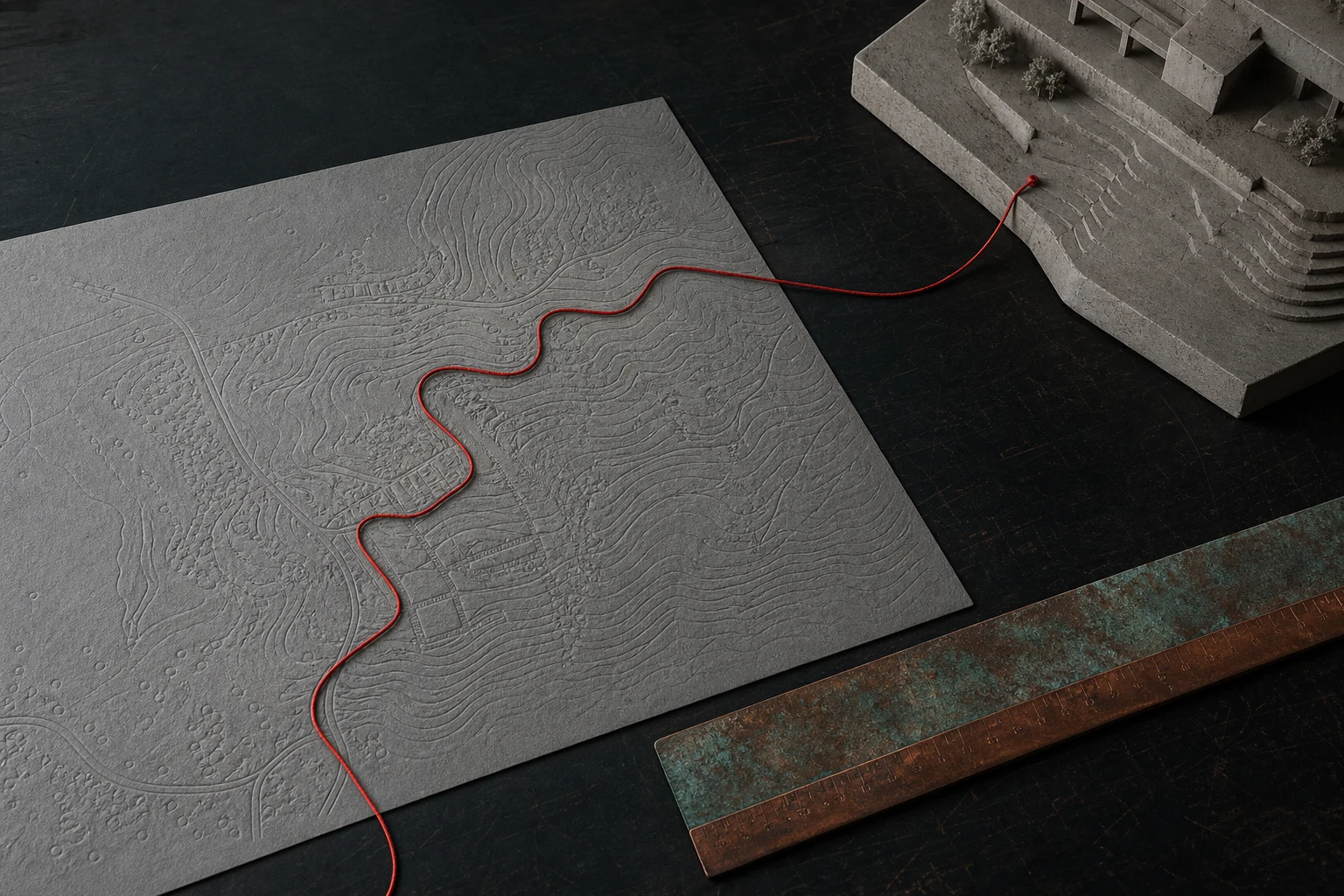 Geprägter Lageplan mit roter Spur, Betonmodell und patiniertem Metall