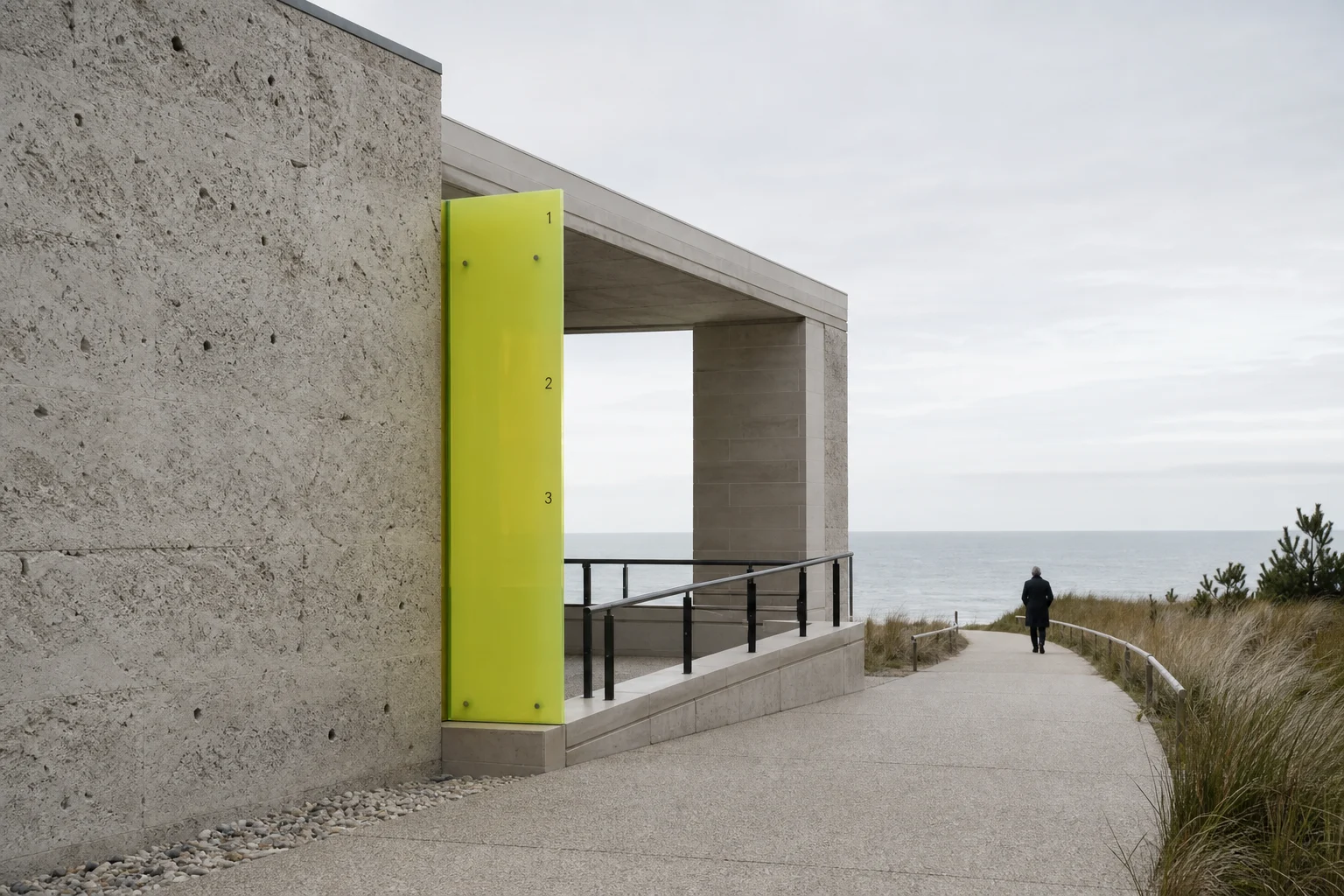 Küstenpavillon mit integrierter säuregrüner Orientierungstafel