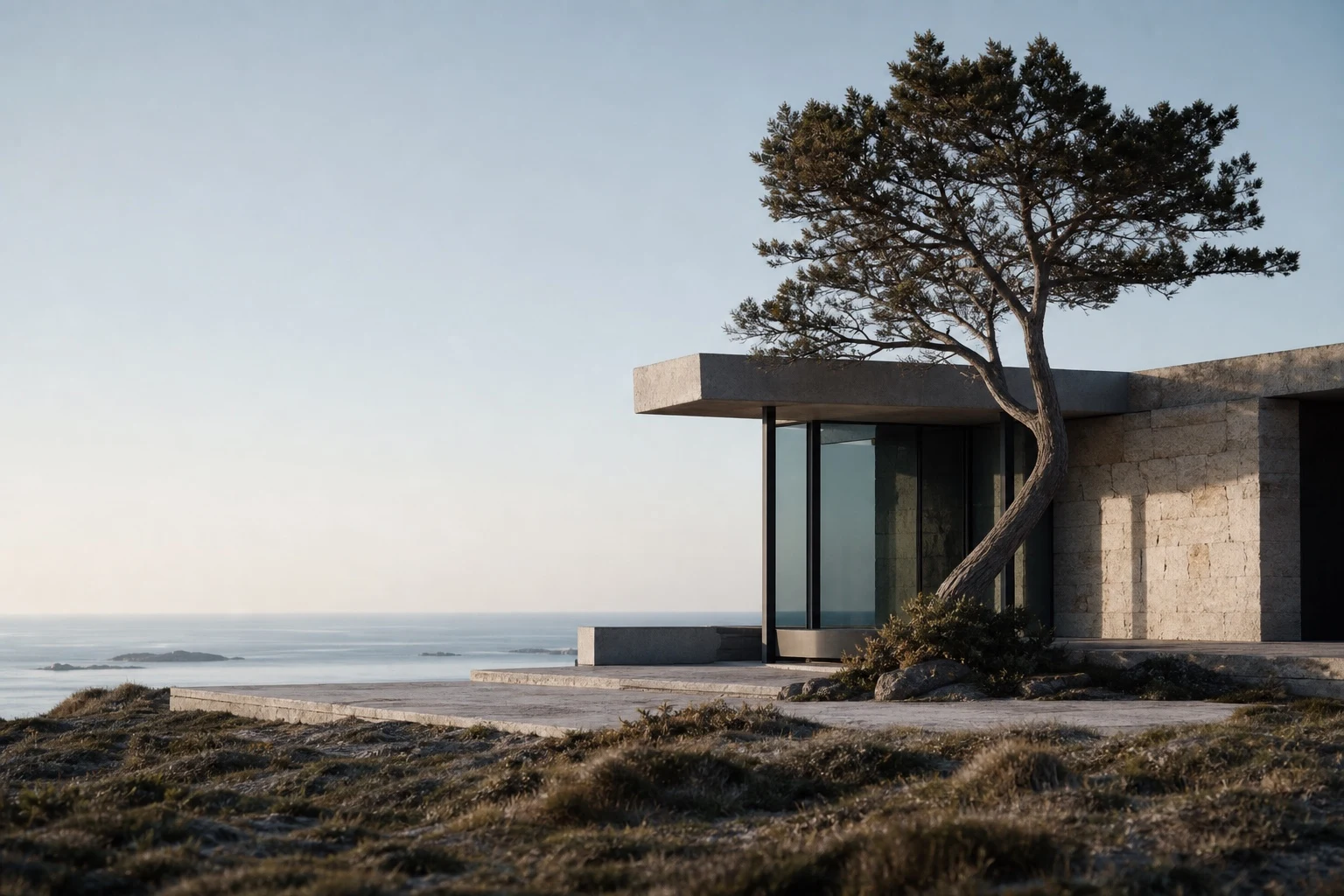 Minimalistischer Küstenpavillon zwischen Fels, Kiefern und Meer
