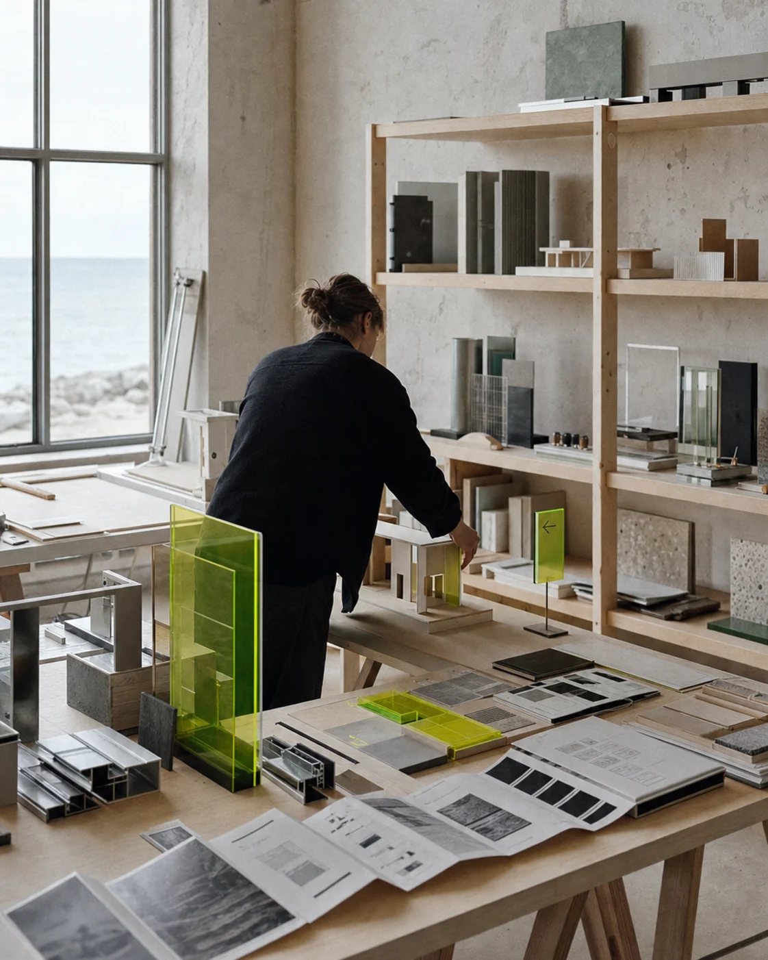 Veld Studio mit räumlichen Markenmodellen und säuregrünen Acrylprototypen